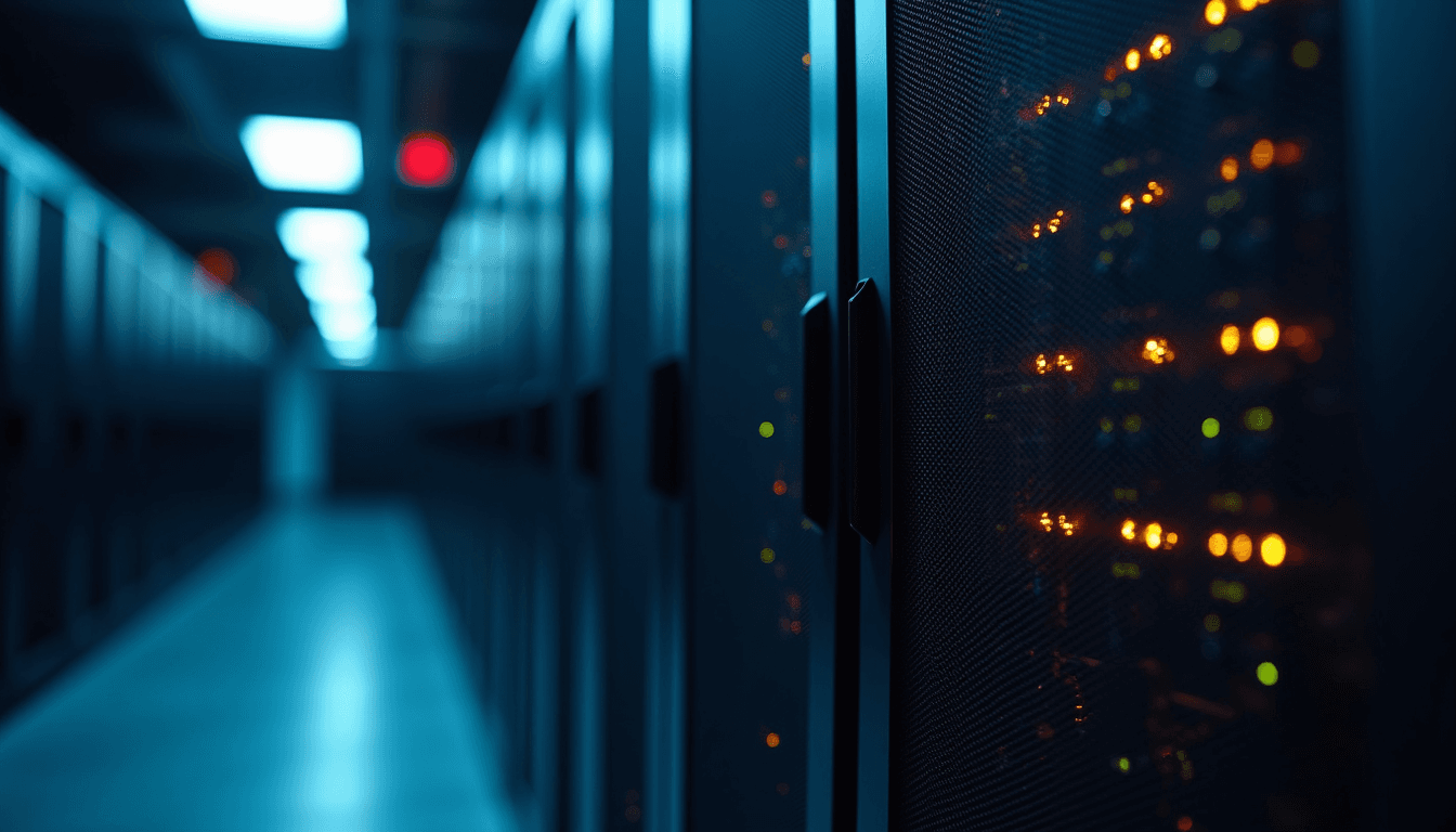 Close-up view of a server rack with blinking lights in a data center
