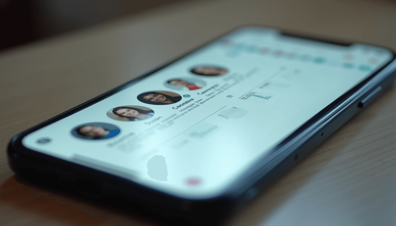 Close-up view of a smartphone showing a CRM app interface with customer profiles