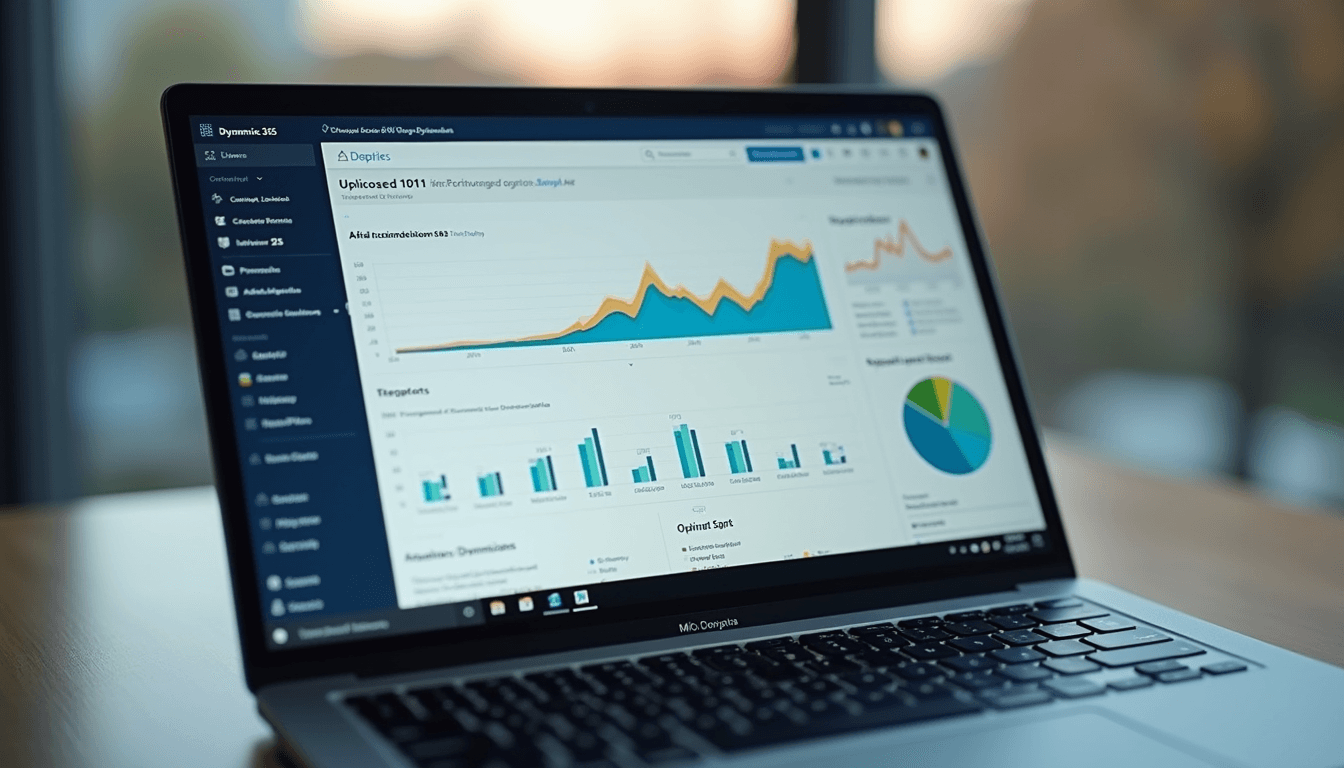 Close-up view of a laptop screen displaying Microsoft Dynamics 365 analytics and reports