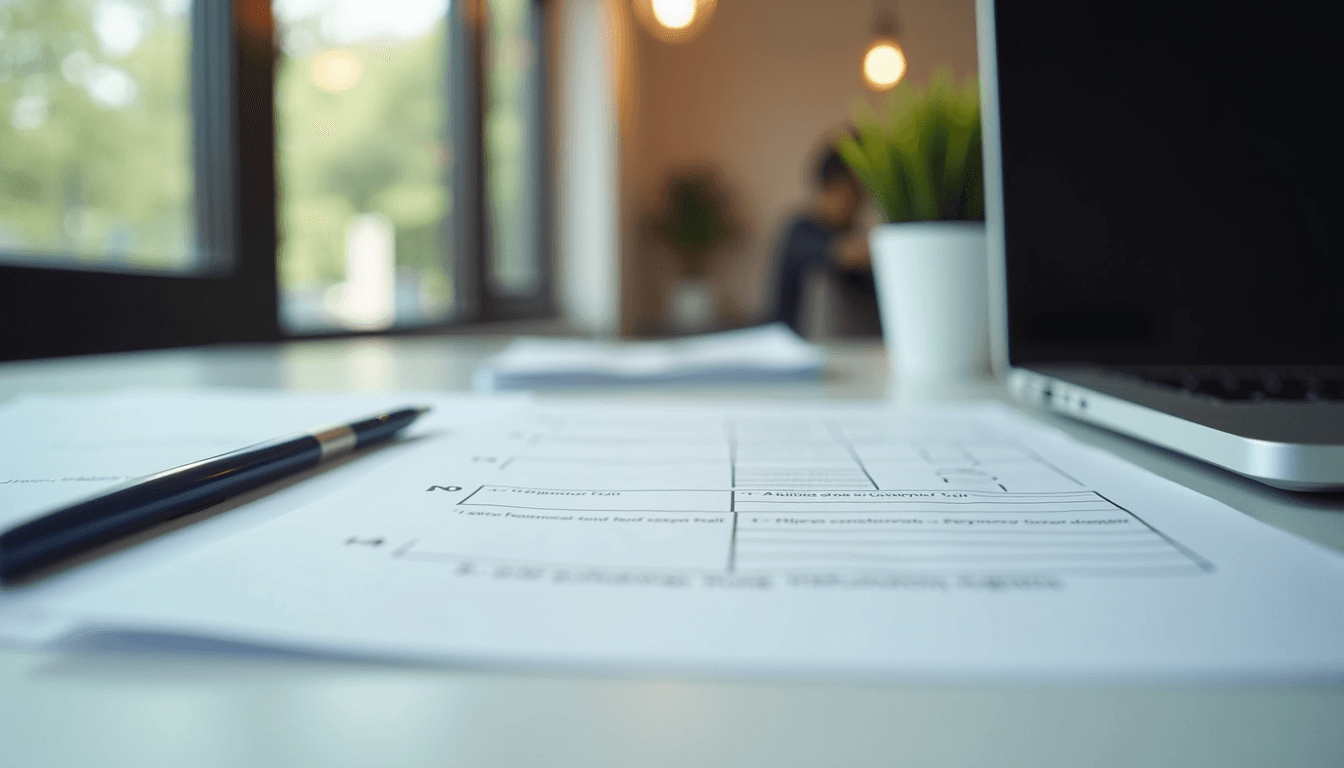 Eye-level view of a modern office workspace with a laptop and customer feedback forms